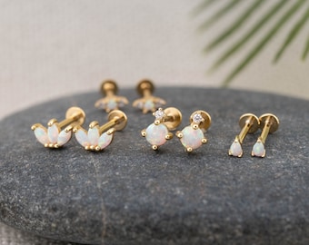 Tiny opal flatback earrings piercing set gold, cartilage tragus conch earring, 18g stud white opal flat back labret, christmas giftful women