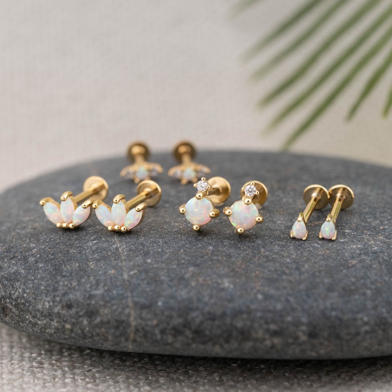 Tiny opal flatback earrings piercing set gold, cartilage tragus conch earring, 18g stud white opal flat back labret, christmas giftful women image 1