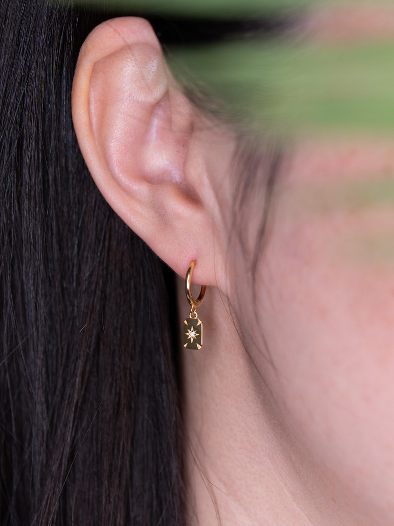 Sun earrings dangle, Starburst huggie earrings, celestial coin hoop earrings, gold hoop earrings charm, north star bar sun disk earrings image 3