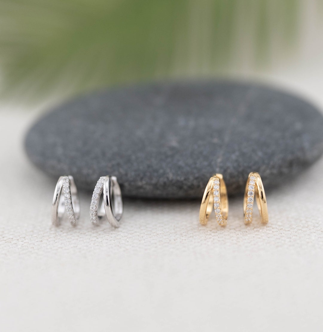 Pave Huggie Earrings 14 K Gold, Diamond Cz Double Hoop, Duo White Stone ...