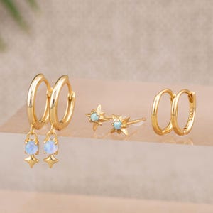 2 or 3 Pairs opal earrings set, huggie hoop opal birthstone gift, second hole huggy, stacking cartilage hoop, 14K gold filled gift under 30