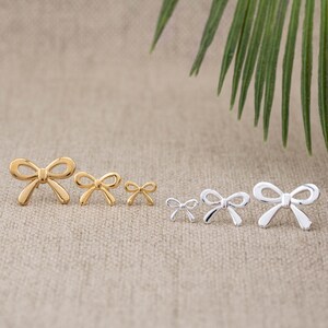 Bow earrings silver or 14K gold filled, minimalist ribbon bowtie stacking studs, gift ready under 30, coquette bows earring