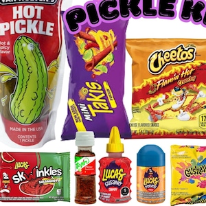 Choose A Pickle Kit ~ Lucas Gusano ~ Chamoy Pickle Kit ~ Sour ~ Hot ~ Takis ~ Flaming Cheetos ~ Tajin ~ Skwinkles ~ Roll Ups ~ Great Gift!