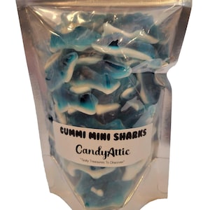 Juicy Gummi Blue Mini Sharks Gummy Candy ~ Blue Raspberry Gummy Candy ~ 10 Ounce Resealable Bag ~ Factory Fresh ~ Personalized Gift Label