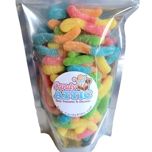 Sour Mini Neon Worms ~ Sour Gummy Worms ~ Candy Gift Idea ~ 14 oz. Candy Pouch ~ Factory Fresh ~ Personalized Gift Label On Package ~ Gummi