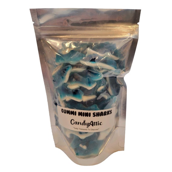 Juicy Gummi Blue Mini Sharks Gummy Candy ~ Blue Raspberry Gummy Candy ~ 10 Ounce Resealable Bag ~ Factory Fresh ~ Personalized Gift Label