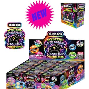 May include: A display box of Blind Box Mystery Steamer and Squishy Dumpling toys featuring a black background with colorful bubbles and text. The box includes labels like Stretch Me, Viral, Obsessive, Jiggly, and Squeeze Me, with a pink starburst NEW label.