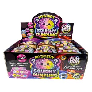 May include: A retail display box containing multiple Mystery Squishy Dumpling toys. The black packaging features colorful rainbow graphics, the text Mystery Squishy Dumpling, Fun Doh, and various descriptive terms like Viral, Jiggly, and Stretch Me.