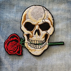 Skull Rose Iron on Patch for Denim Jacket skull cross bone transfer Applique Embroidered Rise Hard Live Free