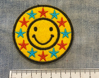 Iron on Patch Smiley Rainbow Face with stars Patch Hippy Retro Denim Jacket Patch Festival transfer for Jacket Applique Embroidered