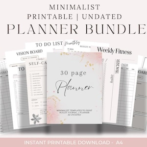 May include: A printable planner bundle with a pink and gold watercolor design. The bundle includes a 30-page planner, a weekly fitness tracker, a vision board, a to-do list, a monthly budget planner, and a self-care tracker. The planner is undated and measures A4 size.