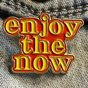以下が含まれることがあります： 赤い背景に黄色い文字で「enjoy the now」と書かれた金色のエナメルピン