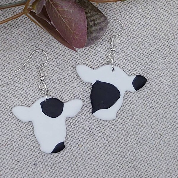 VACHE - Boucles d'oreilles en pâte polymère, noir et blanc