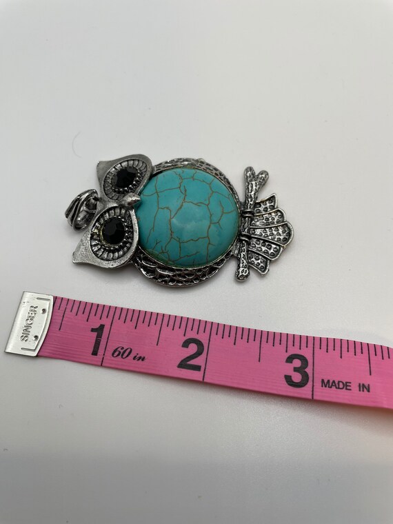 Vintage turquoise, silver tone Owl with black gem… - image 2