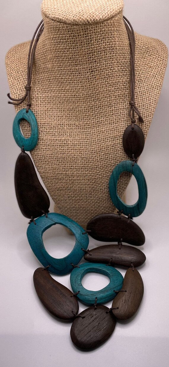 Turquoise and brown wood statement necklace. Boho… - image 2