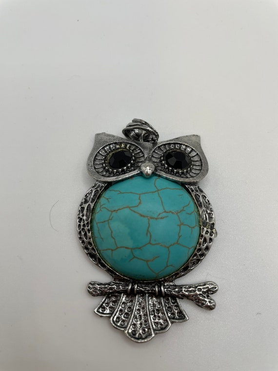 Vintage turquoise, silver tone Owl with black gem… - image 1