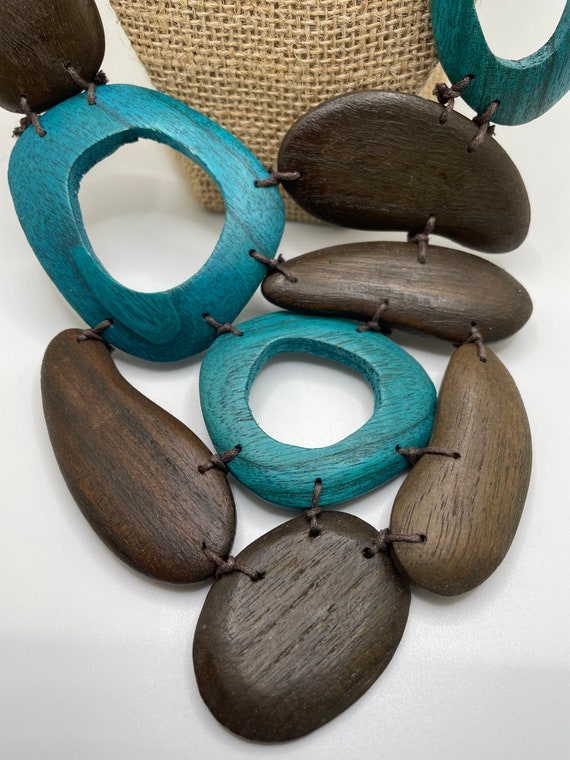 Turquoise and brown wood statement necklace. Boho… - image 5