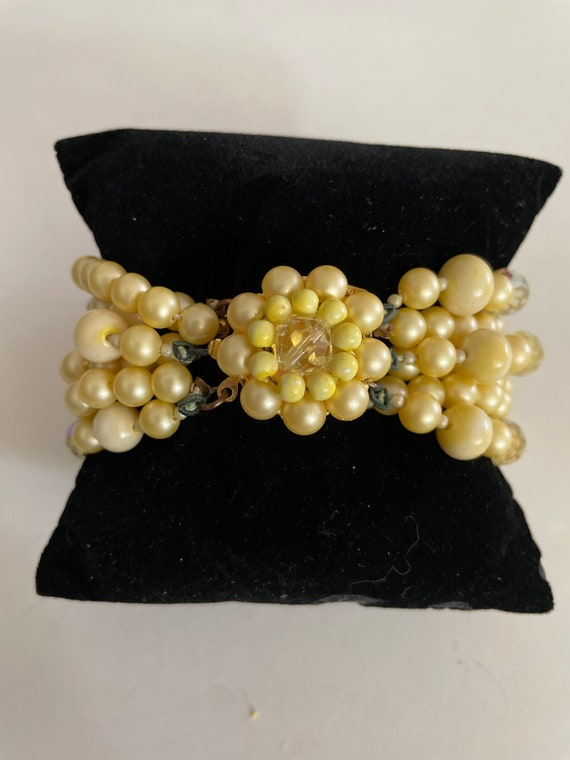 Signed Kramer multi strand Pearl and crystal brac… - image 1