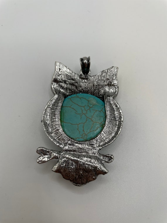 Vintage turquoise, silver tone Owl with black gem… - image 4