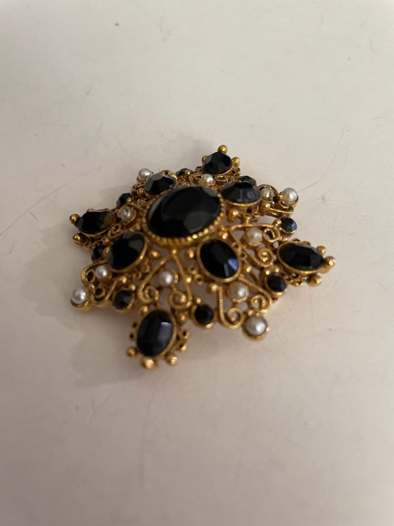 Ornate Gilded Broochwith Onyx & Pearl Accents by … - image 2