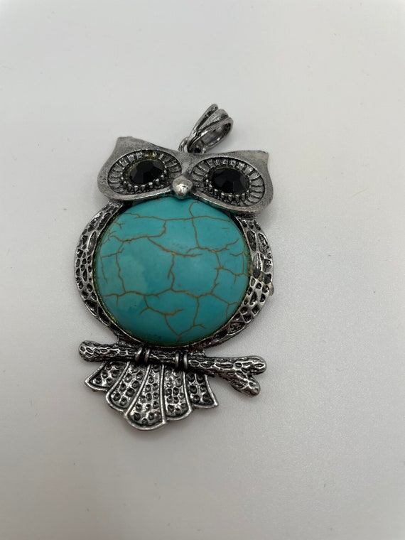 Vintage turquoise, silver tone Owl with black gem… - image 3