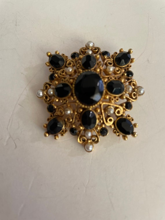 Ornate Gilded Broochwith Onyx & Pearl Accents by … - image 1