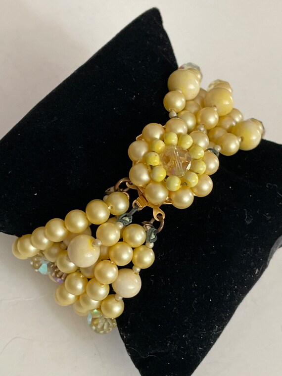 Signed Kramer multi strand Pearl and crystal brac… - image 2