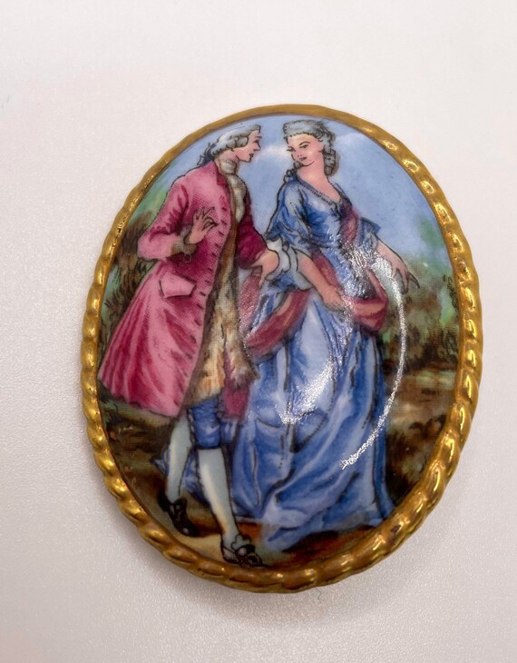 Antique British Ansley Hand Painted Brooch*Couple… - image 2