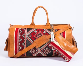 Leather Kilim Travel Bag Cognac With Wallet