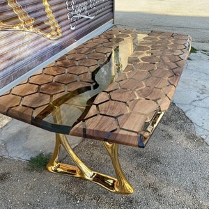 Live Edge Walnut Slab Table: Hexagon Epoxy Resin Design