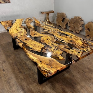 Custom Live Edge Olive Wood River Table: Clear Epoxy Resin