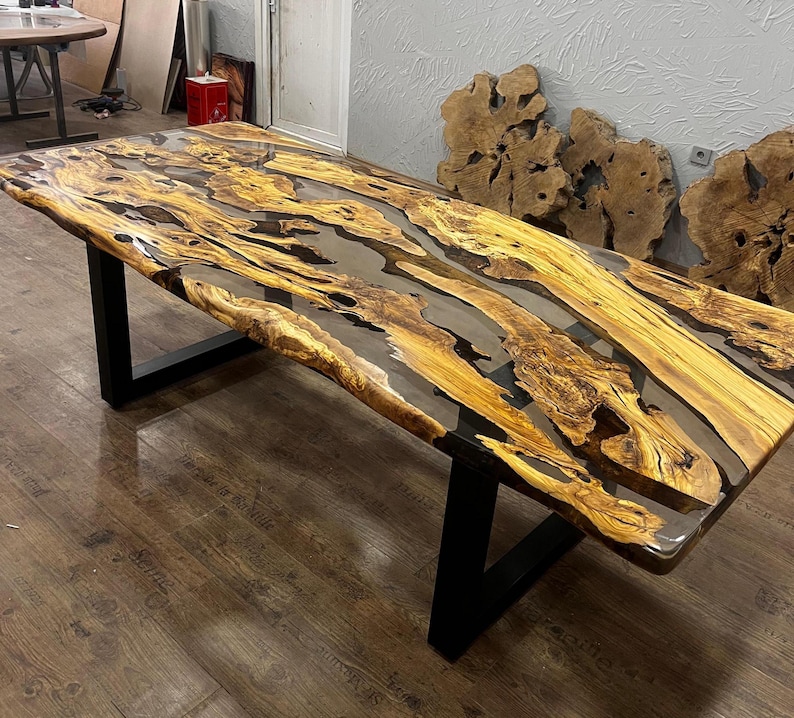 Custom Olive Epoxy Resin River Table, Live Edge Wood image 7