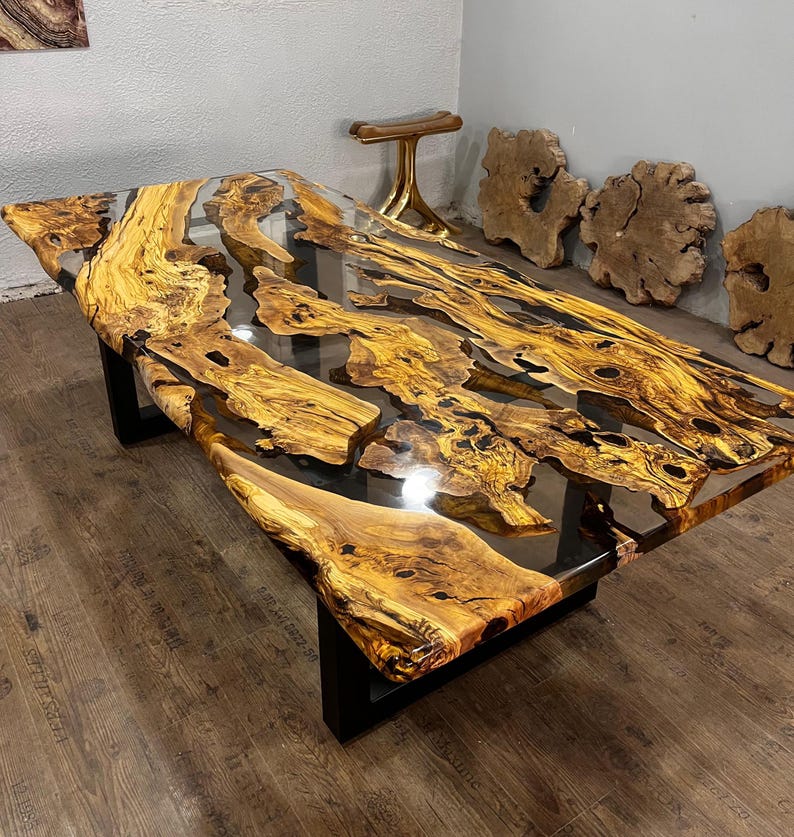 Custom Olive Epoxy Resin River Table, Live Edge Wood image 1