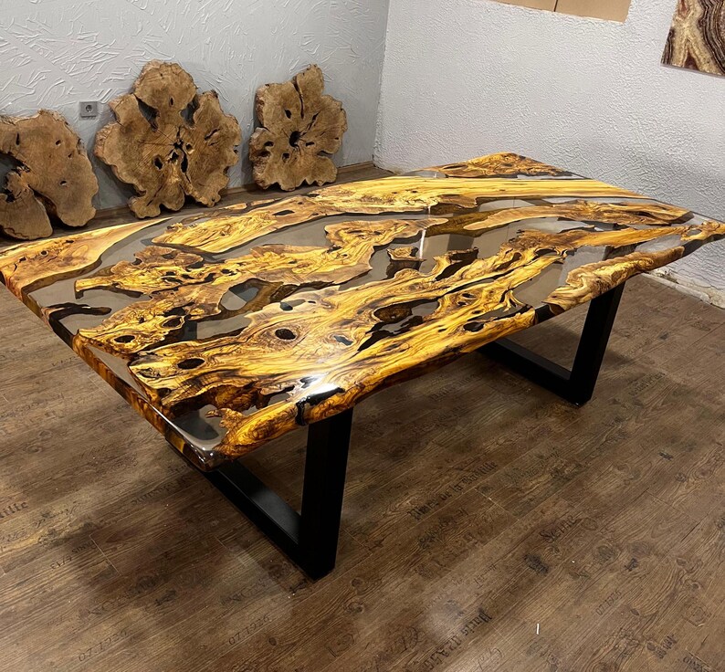 Custom Olive Epoxy Resin River Table, Live Edge Wood image 6