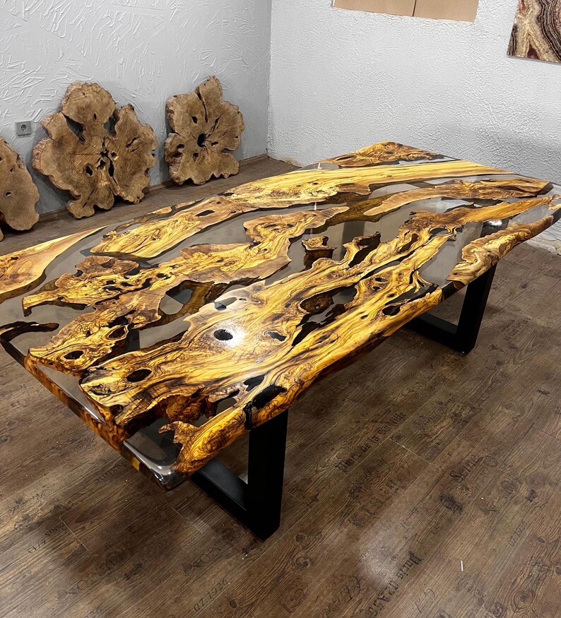 Custom Olive Epoxy Resin River Table, Live Edge Wood image 2