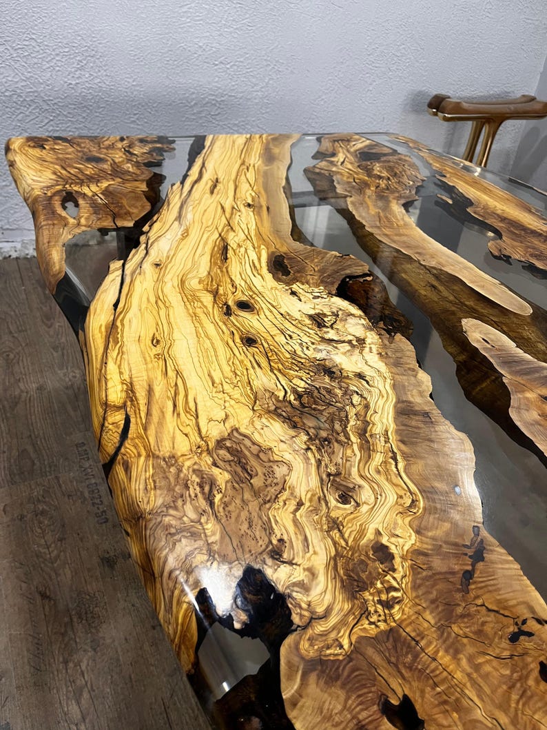 Custom Olive Epoxy Resin River Table, Live Edge Wood image 3