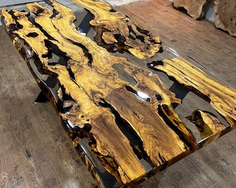Mesa de comedor personalizada de madera de olivo con resina epoxi transparente, mesa de río de resina con borde natural, mesa de cocina hecha a medida
