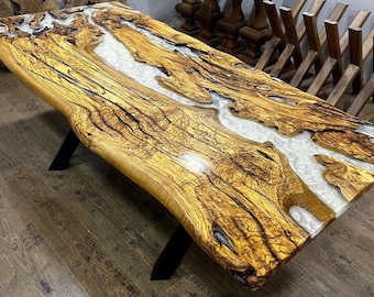 Escritorio o mesa de comedor de resina epoxi de madera de olivo con borde vivo personalizado