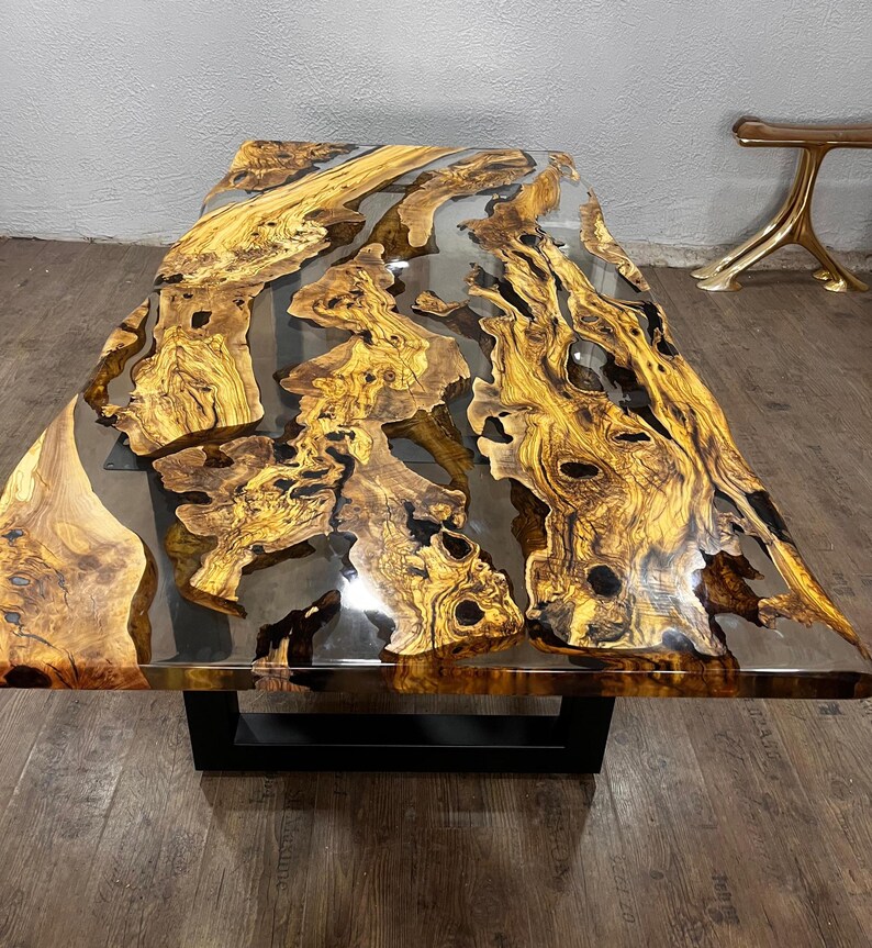 Custom Olive Epoxy Resin River Table, Live Edge Wood image 4