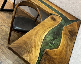 L-Shape Walnut Epoxy Resin Desk Live Edge River Table