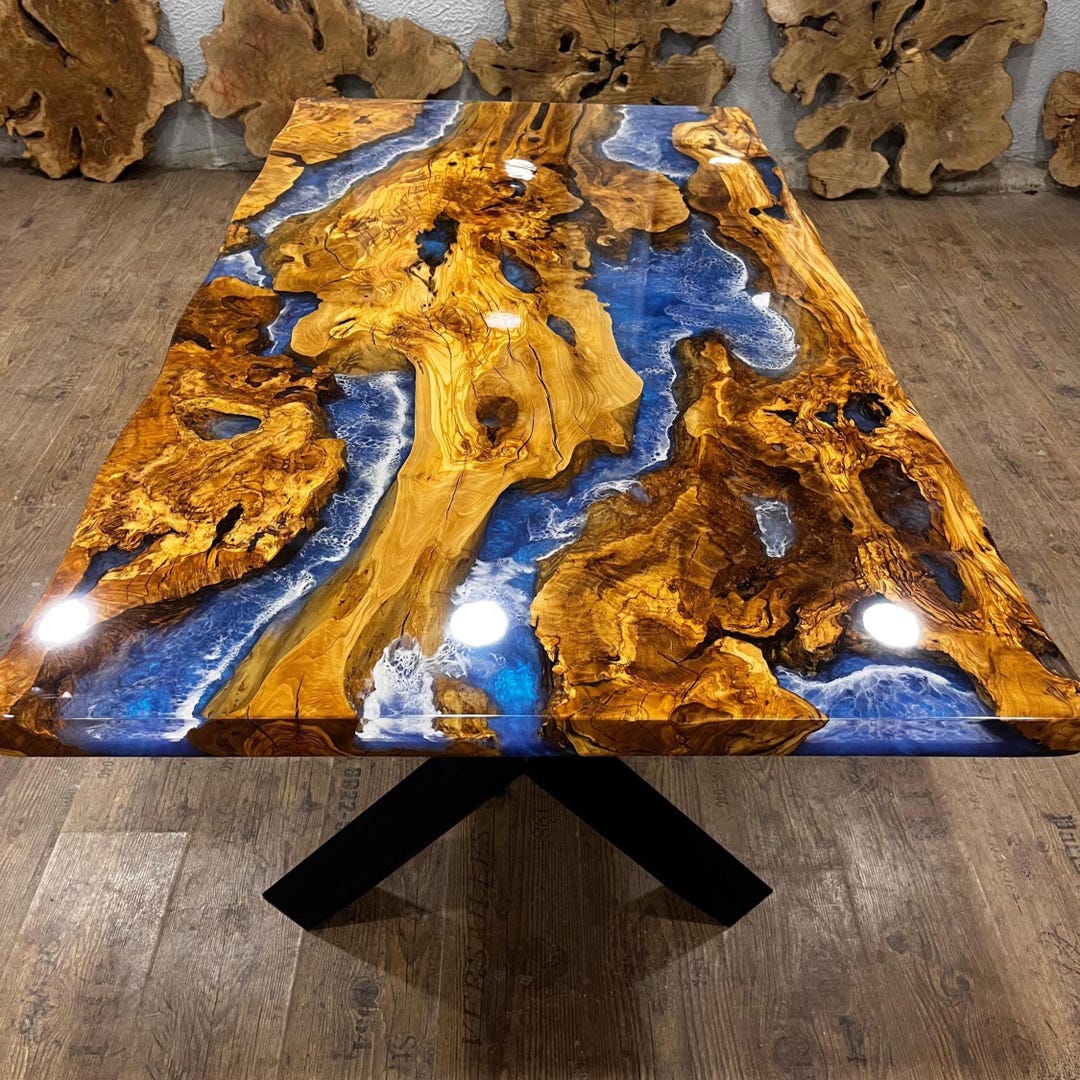 Custom Ocean Epoxy Table Live Edge Olive Wood Resin River - Etsy