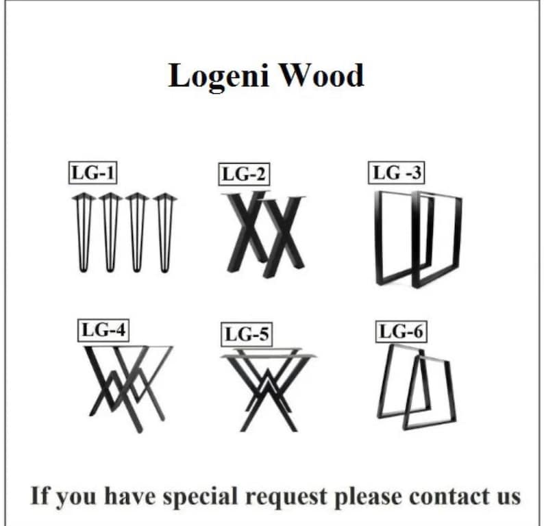 以下が含まれることがあります： 黒い金属製のテーブル脚のデザインをいくつか紹介する画像。 デザインはLG-1からLG-6までで、ヘアピンレッグ、X字型の脚、正方形のフレーム脚などがあります。 上部には「Logeni Wood」の文字があります。