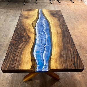 Custom Walnut Wood Ocean Epoxy Table: Resin River Dining Table