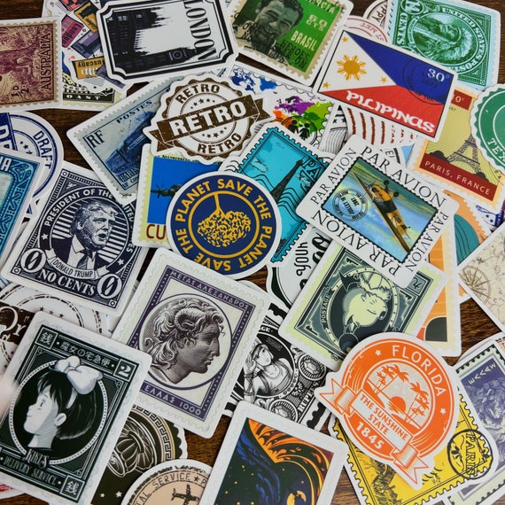 FUN STAMP STICKERS, 50pcs Vintage Stamp Stickers, Junk Journal Stickers,  Scrapbook Stickers 