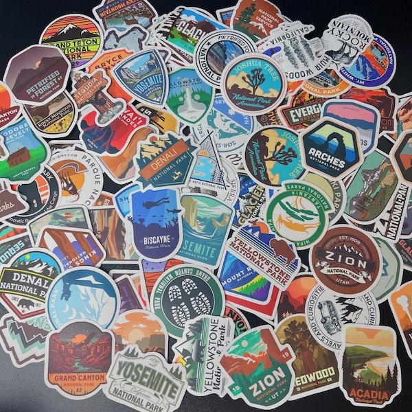 National Park stickers, 100 assorted US National Park stickers, Grand canyon, Yosemite, Waterproof stickers for water bottle andlaptop,