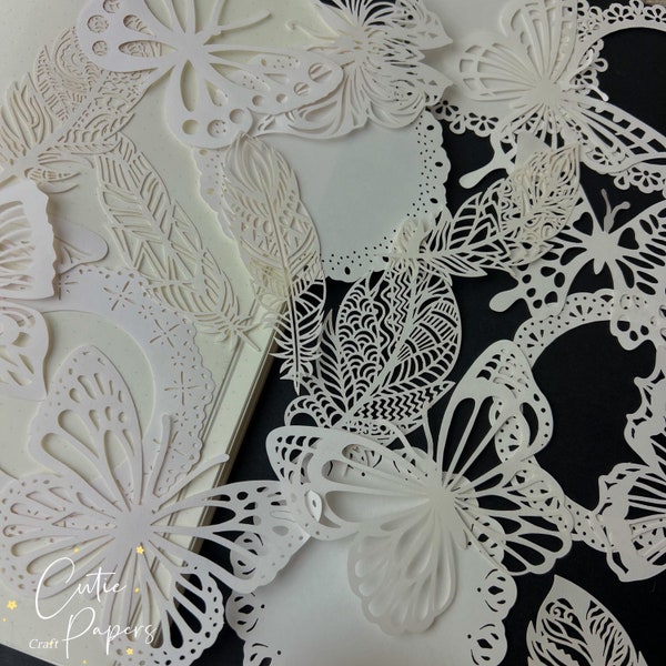 WHITE LACE PAPER, 10 pcs die cute butterfly, leaves, heart, flower decorative paper, Scrapbook, Junk journal, collage paper, lace paper