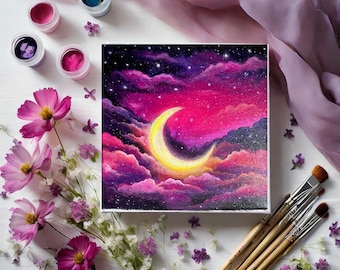 ACRYLIC PAINTING MOON glowing with pink clouds / wall decoration hand painted original artwork / great gift art lovers dreams Galaxy Rain