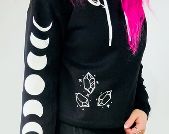 DESIGNER WITCHCRAFT MOON Phases Hoodie, schwarzer Kapuzenpullover mit hochwertigem Druck / gothic clothes Mondphasen fashion / galaxy r