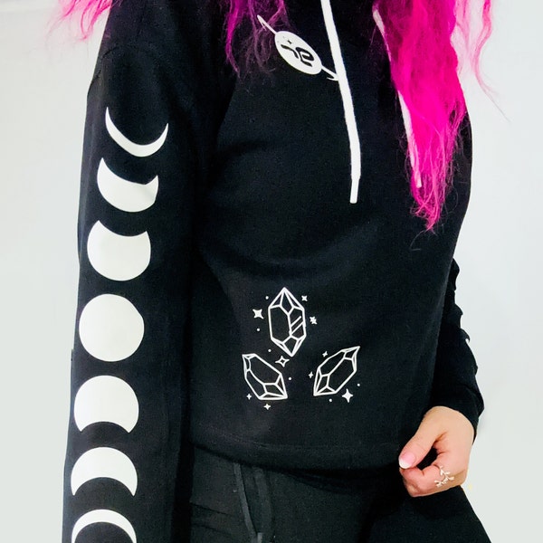 DESIGNER WITCHCRAFT MOON Phases Hoodie, schwarzer Kapuzenpullover mit hochwertigem Druck / gothic clothes Mondphasen fashion / galaxy r