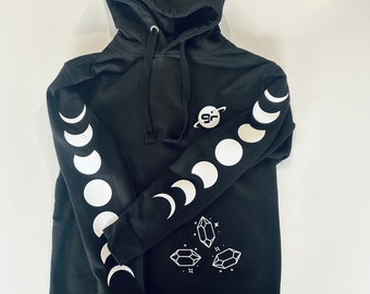 DESIGNER WITCHCRAFT MOON Phases Hoodie, schwarzer Kapuzenpullover mit hochwertigem Druck / gothic clothes Mondphasen fashion / galaxy rain